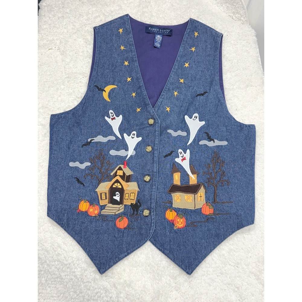 vtg 90s Karen Scott Halloween Vest Womens sz M Embroidered cat Ghost Pumpkin Bat